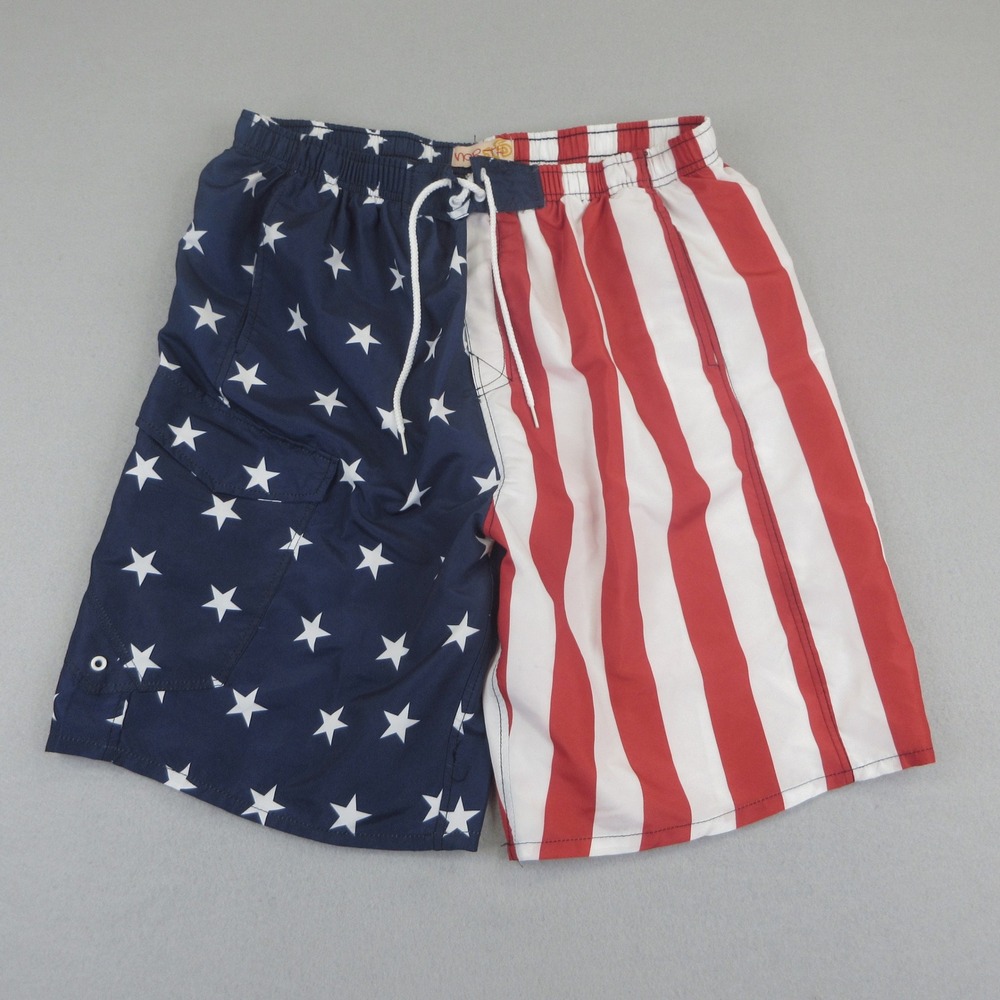 North 15 Swim Shorts Men L‎ Red White Blue American Flag Stars Stripes Shorts